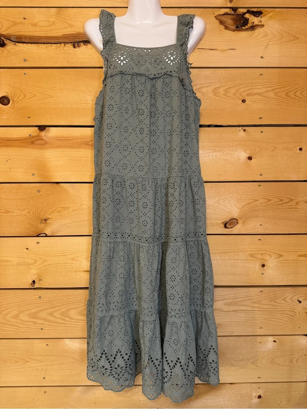 Current Air Los Angeles Olive Eyelet Midi Dress Large - Picture 9 of 9